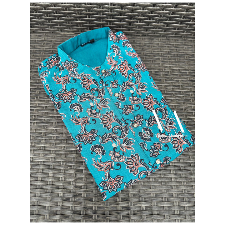 Blue Floral Printed Semi Tussar Silk Kurta for Men | VA01002