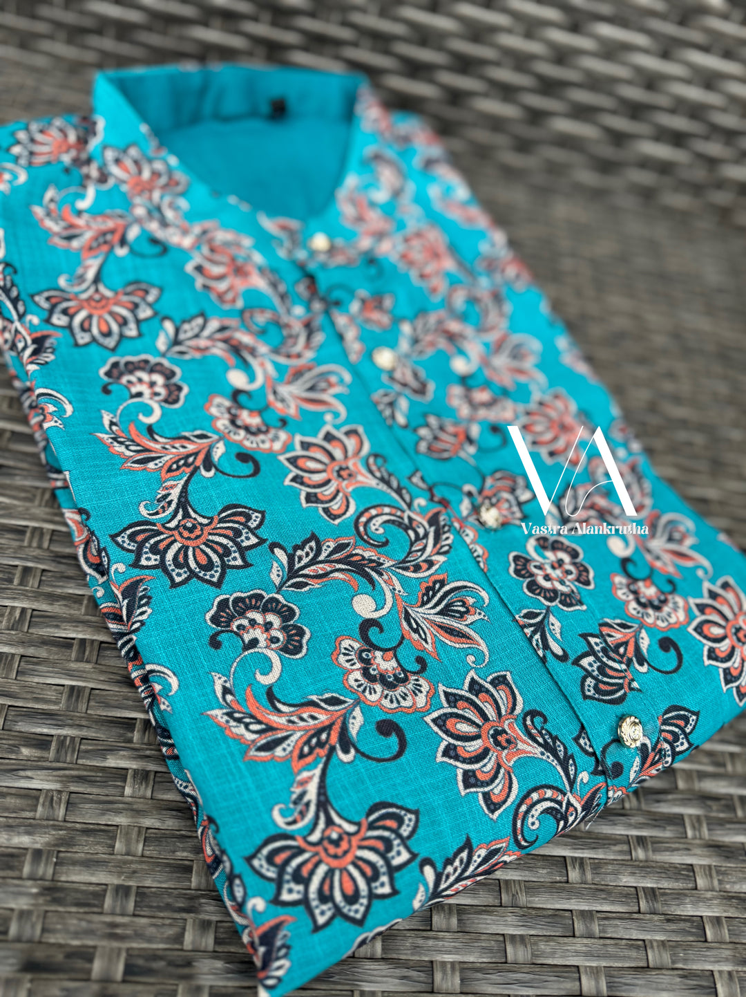 Blue Floral Printed Semi Tussar Silk Kurta for Men | VA01002