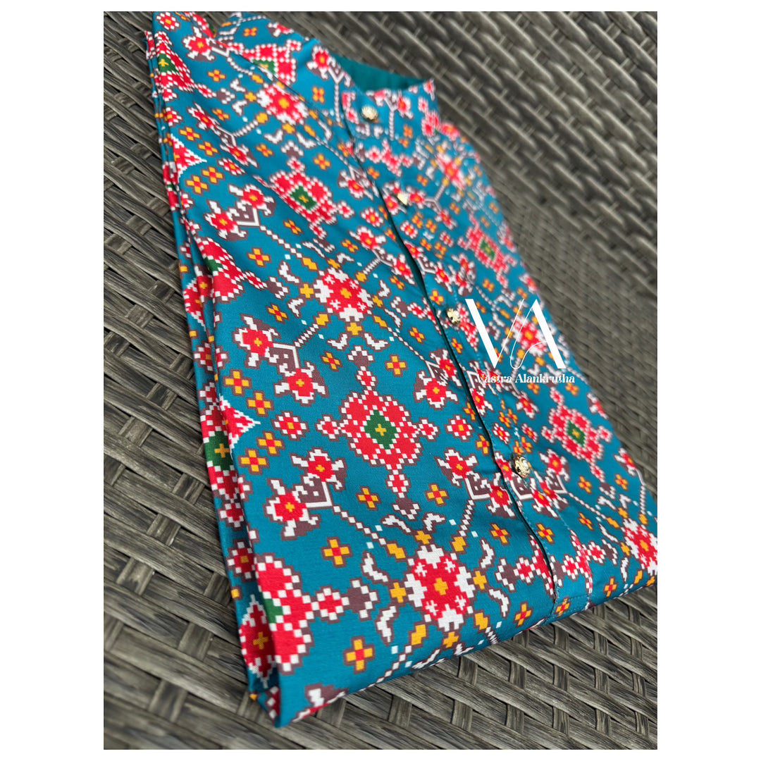 Blue Printed Semi Tussar Silk Kurta for Men | VA01001