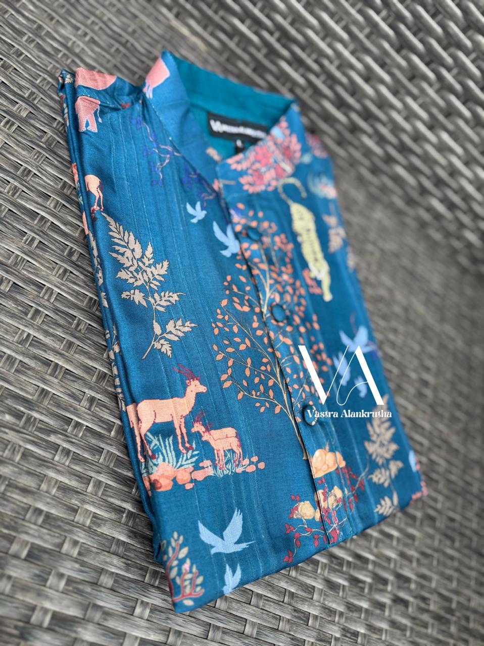 Indigo Animal Print Tussar Kurta for Men | VA01008