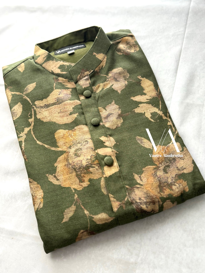 Green Eco-Print Cotton Kurta for Men | VA01018
