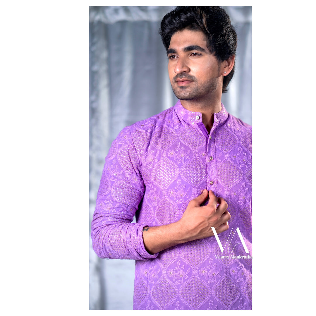 Deep Lilac Chikankari Cotton Kurta for Men | VA01023