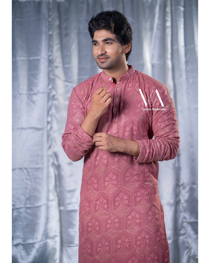 Dark Peach Chikankari Cotton Kurta for Men | VA01022