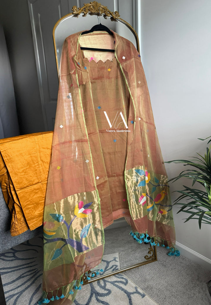 Women’s Handloom Jamdani Kurti Set with Yellow Cotton Pants | VA01027