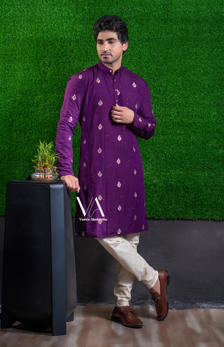 Purple Mul Chanderi Zari Kurta for Men | VA01014