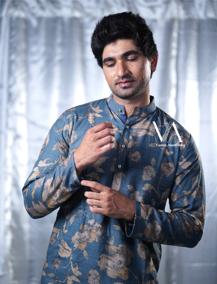 Greyish Blue Eco-Print Cotton Kurta for Men | VA01019