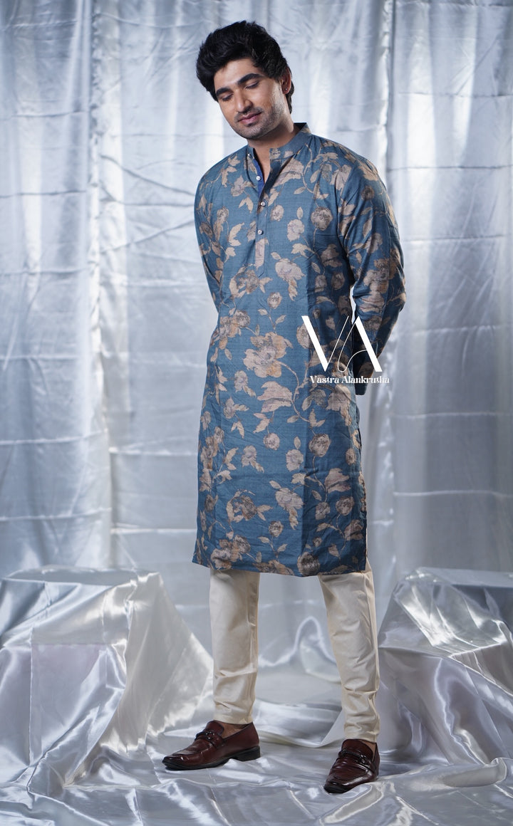Greyish Blue Eco-Print Cotton Kurta for Men | VA01019
