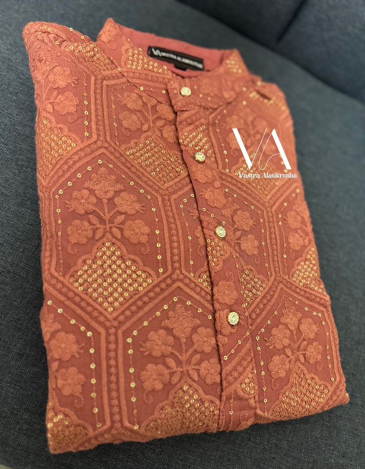 Dark Peach Chikankari Cotton Kurta for Men | VA01022