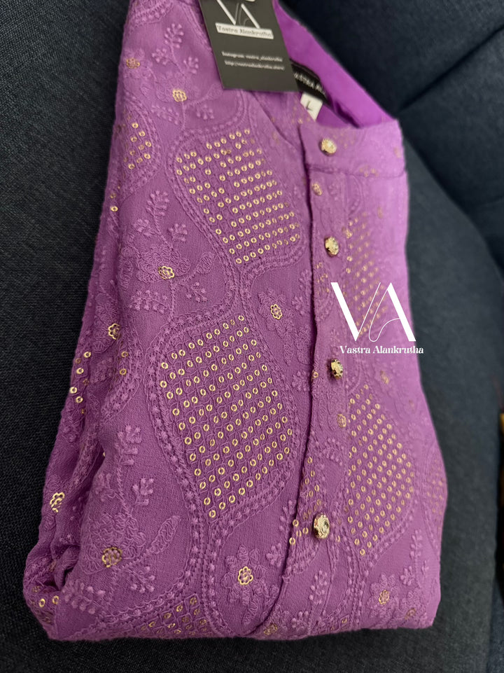 Deep Lilac Chikankari Cotton Kurta for Men | VA01023