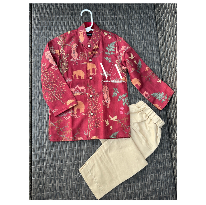 Kids Printed Burgundy Tussar Kurta | VA01028