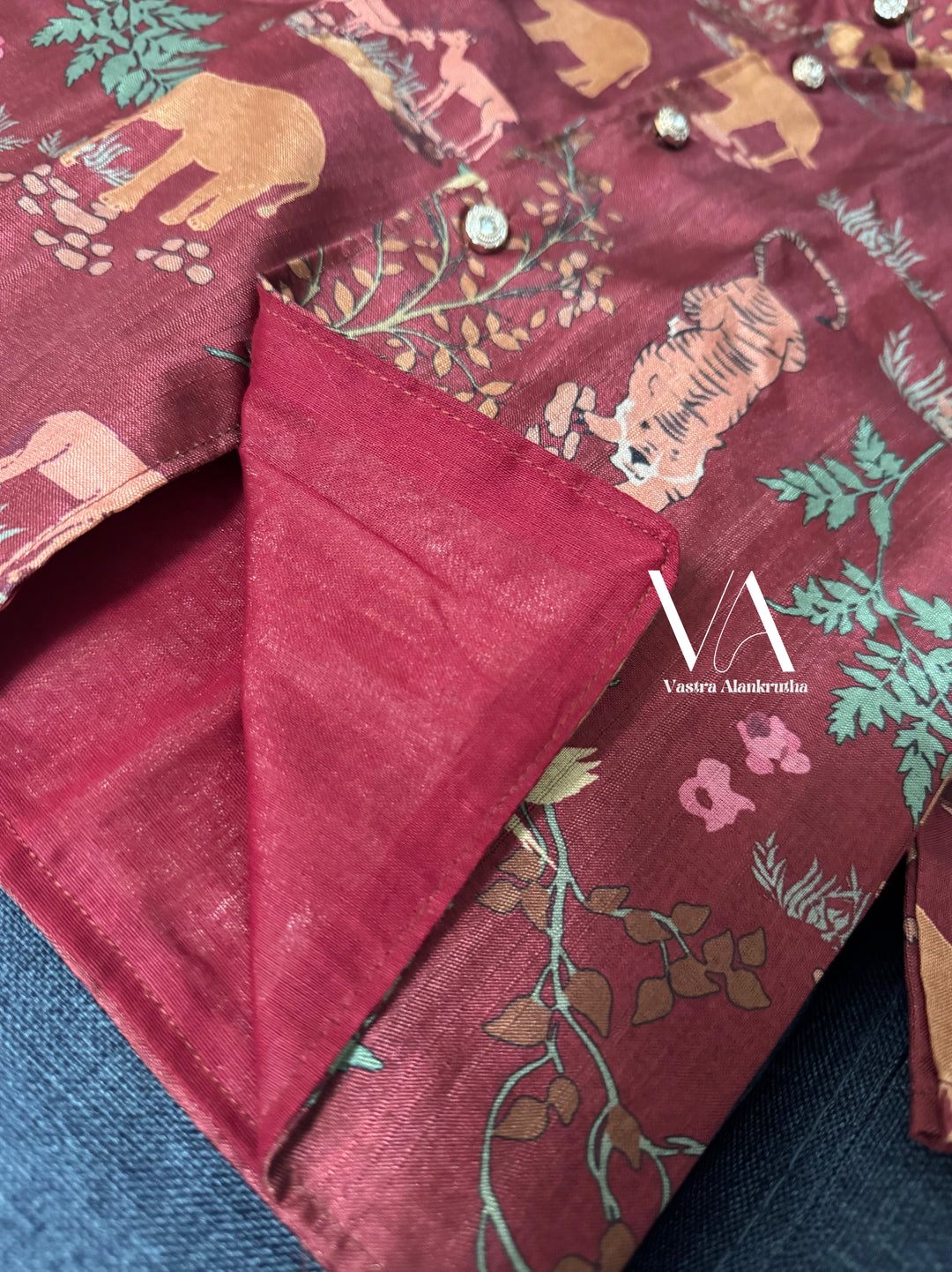 Kids Printed Burgundy Tussar Kurta | VA01028