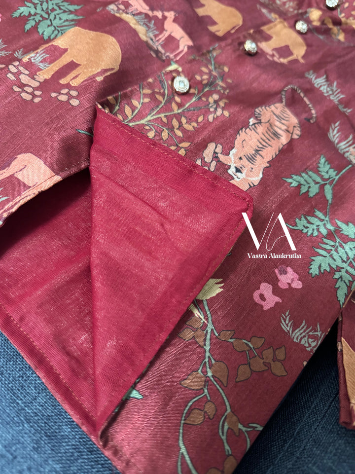 Kids Printed Burgundy Tussar Kurta | VA01028