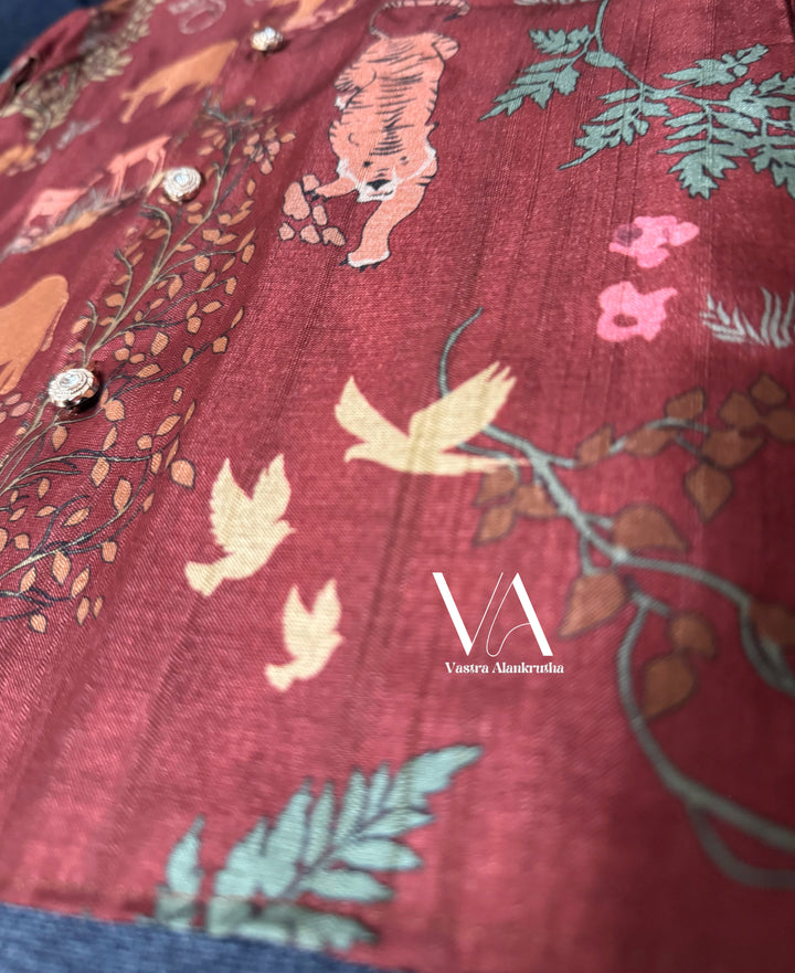 Kids Printed Burgundy Tussar Kurta | VA01028